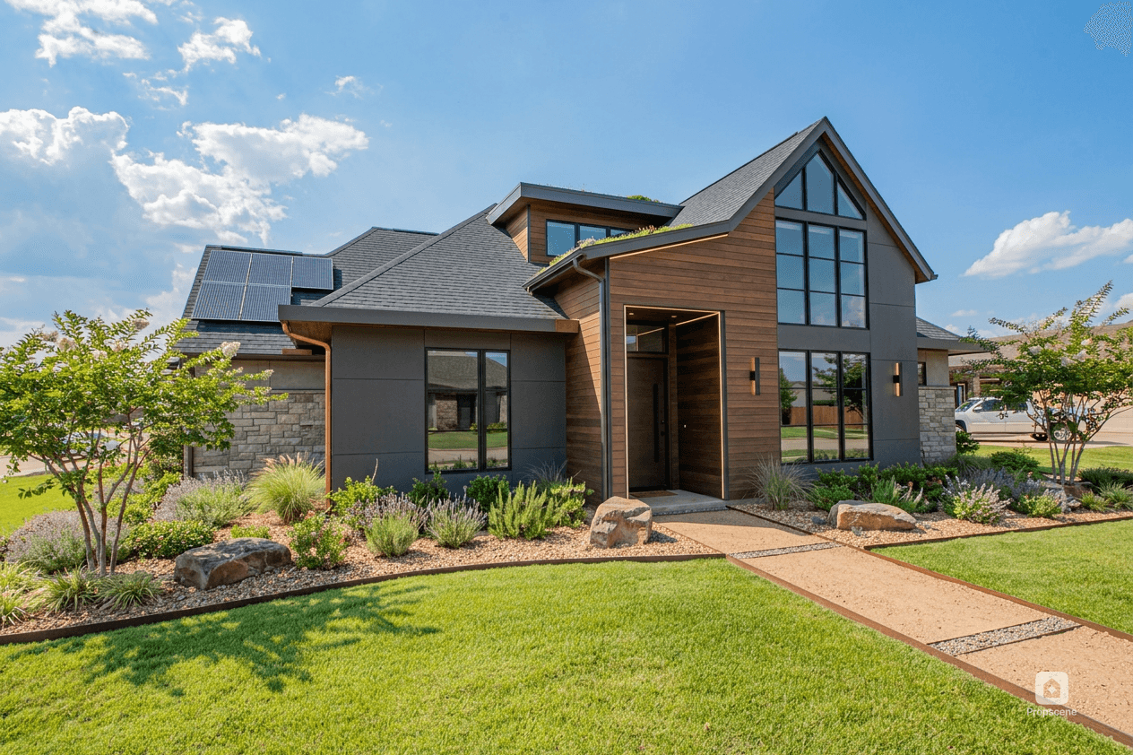AI redesigned home exterior with fresh paint and landscaping
