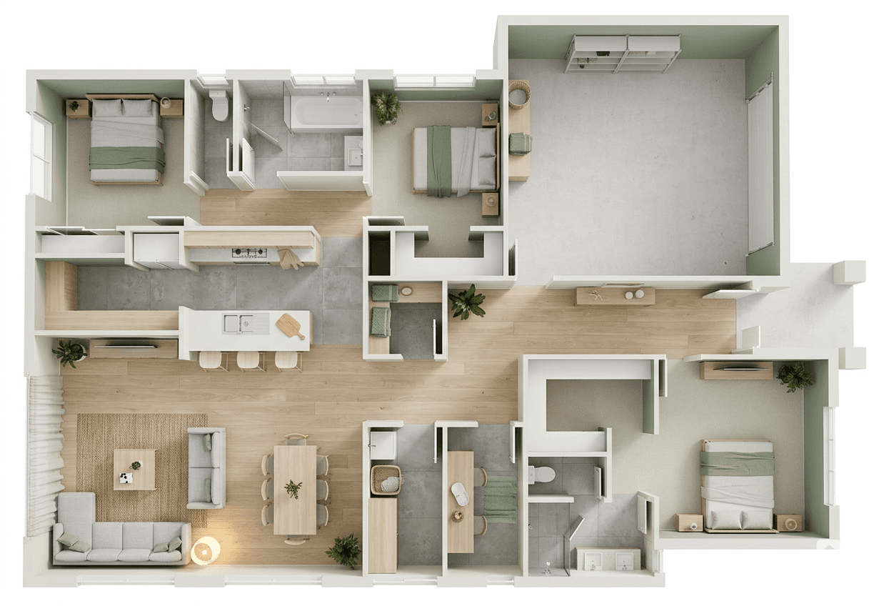 3D dollhouse render generated from a floor plan