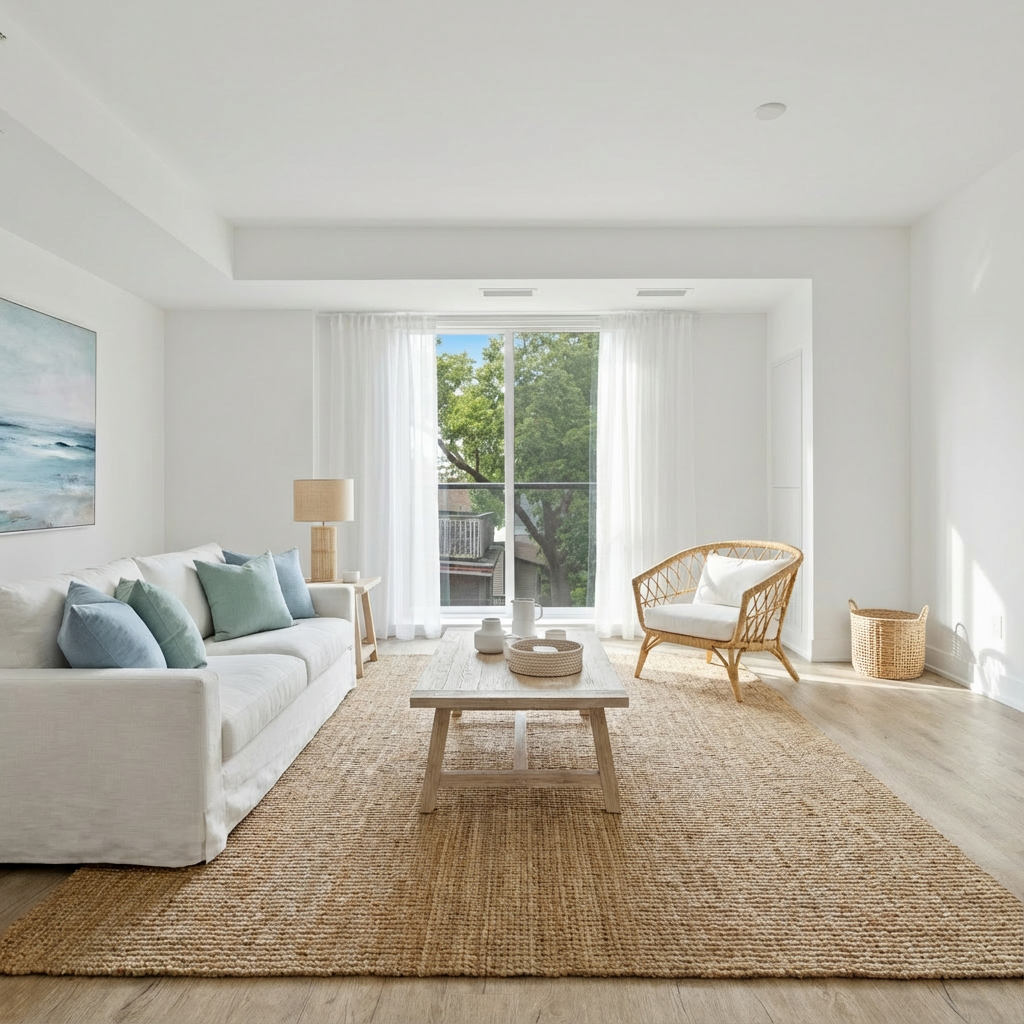 Coastal style living room with light, airy design
