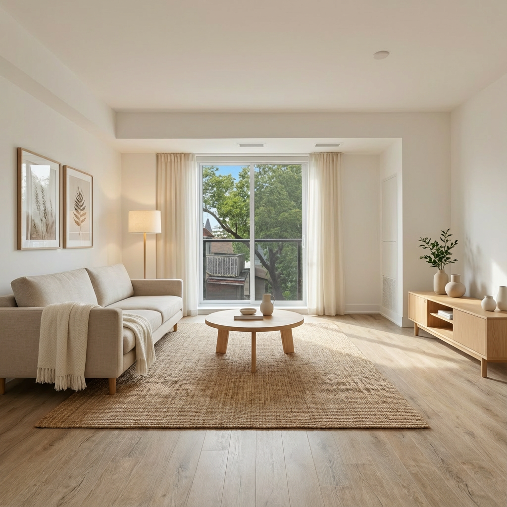 Scandinavian style living room with light wood and neutral tones